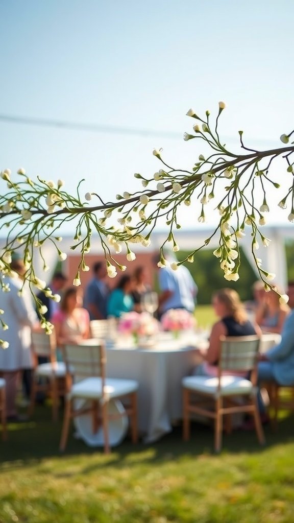 A beautiful gathering with a focus on a baby's breath garland in a sunny outdoor setting.
