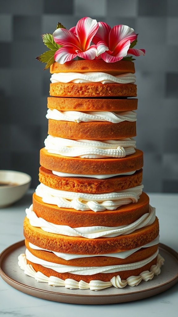 A beautifully layered luau cake decorated with flowers and cream.