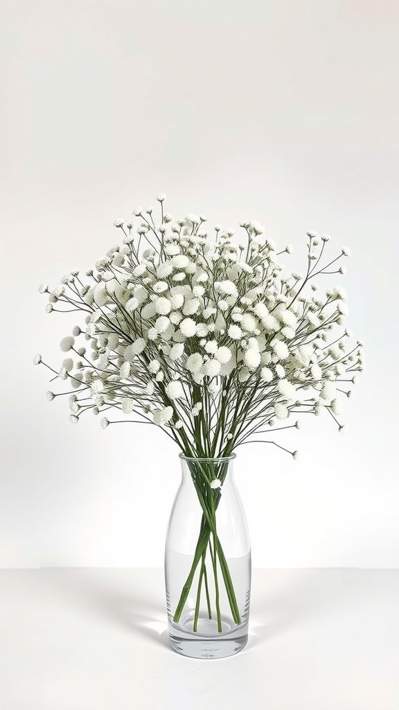 A minimalist bouquet of baby's breath flowers in a clear vase