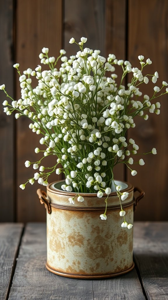 A rustic arrangement of baby's breath flowers in a vintage pot, set against a wooden background.