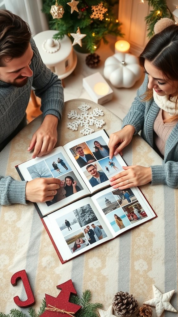 A couple creating a scrapbook together in a cozy winter setting