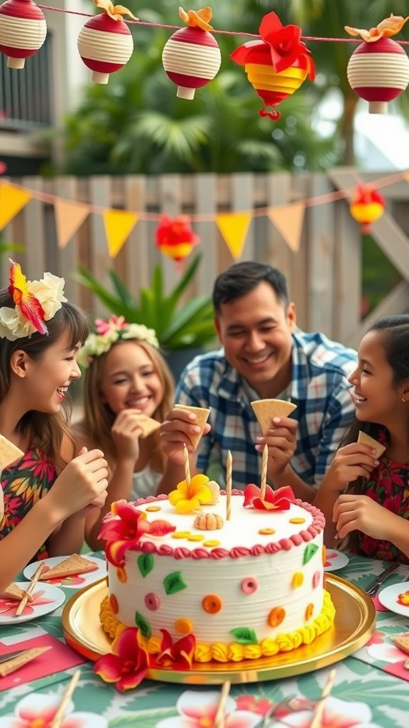 Luau cake surrounded by people celebrating with tropical decorations.