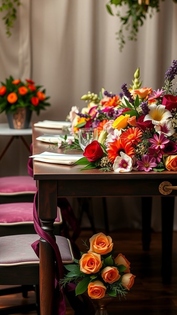 A beautifully arranged grazing table with vibrant flowers and elegant table settings.