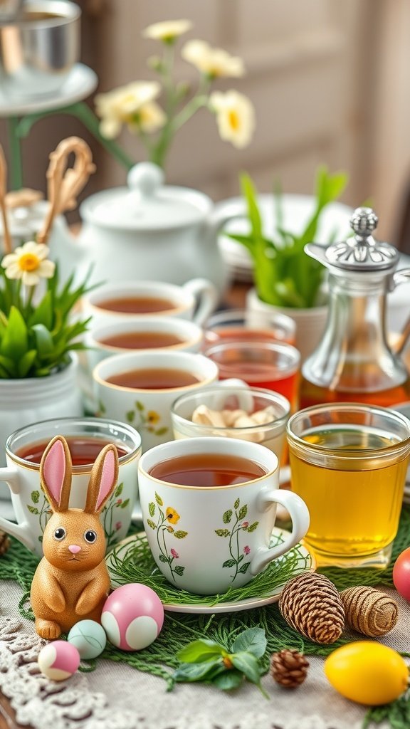 A festive tea setup with various teas, cups, and decorative elements for an Easter tea party.