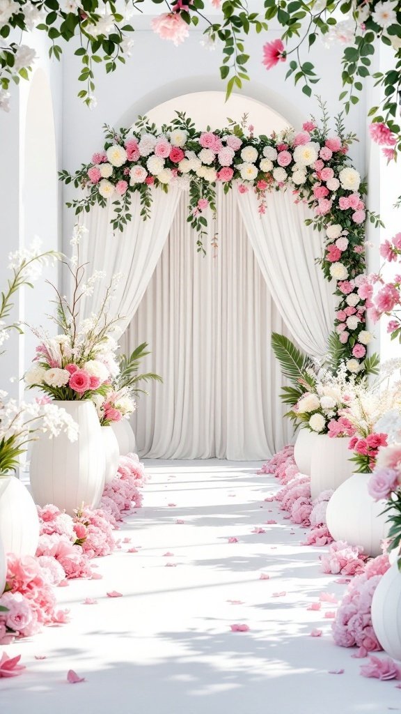 A beautifully decorated wedding aisle with white drapery and bright pink floral arrangements