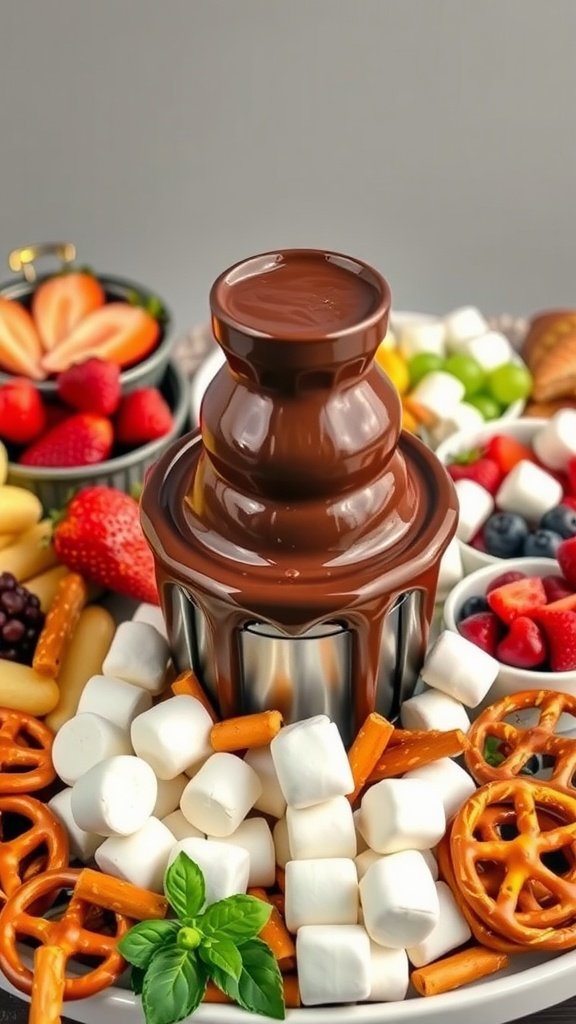 A chocolate fondue fountain surrounded by fruits, pretzels, and marshmallows.