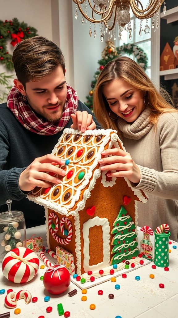 A couple decorating a gingerbread house together, surrounded by candy and festive decorations.
