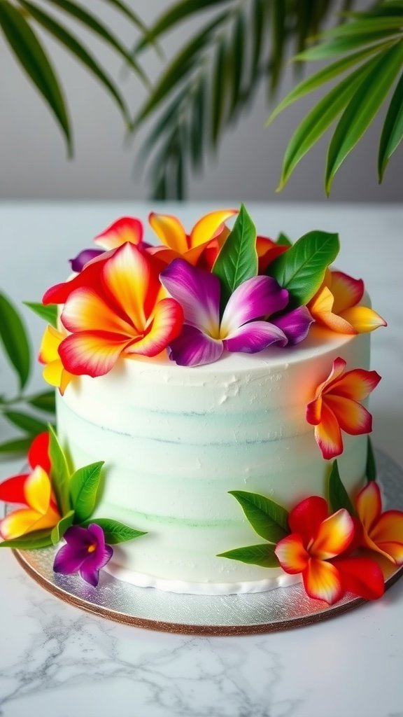 A beautifully decorated cake adorned with vibrant edible flowers