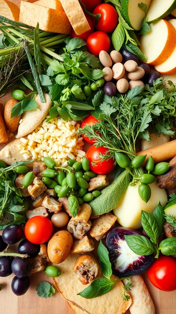 A colorful grazing table featuring various fresh vegetables, fruits, herbs, and cheeses.