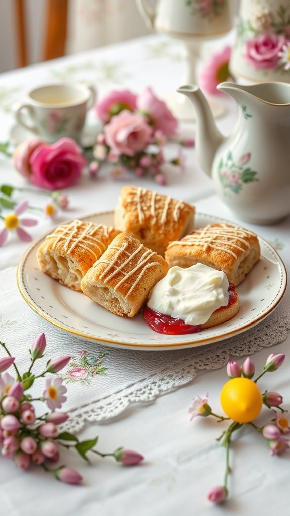 Delicate scones with clotted cream and jam, served on a decorative plate.