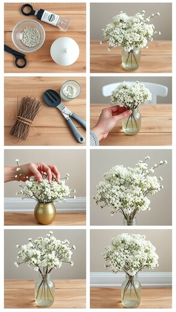 Step-by-step process of creating DIY baby's breath wedding centre pieces.