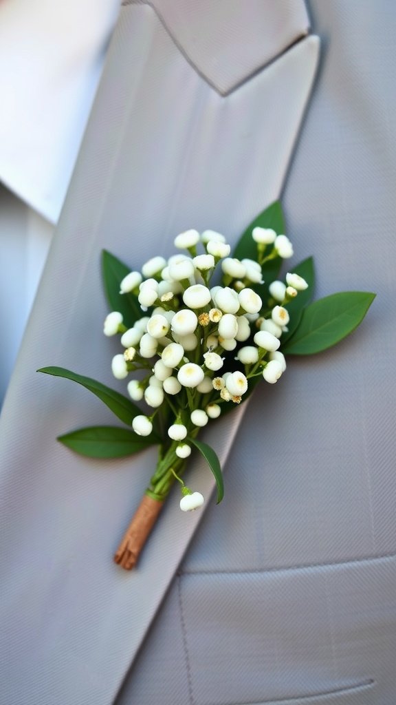 A beautiful baby's breath boutonniere pinned to a gray suit, showcasing delicate white flowers and green leaves.