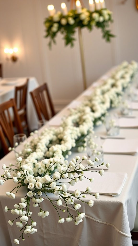 A long table decorated with a baby’s breath garland, featuring delicate white flowers arranged elegantly.