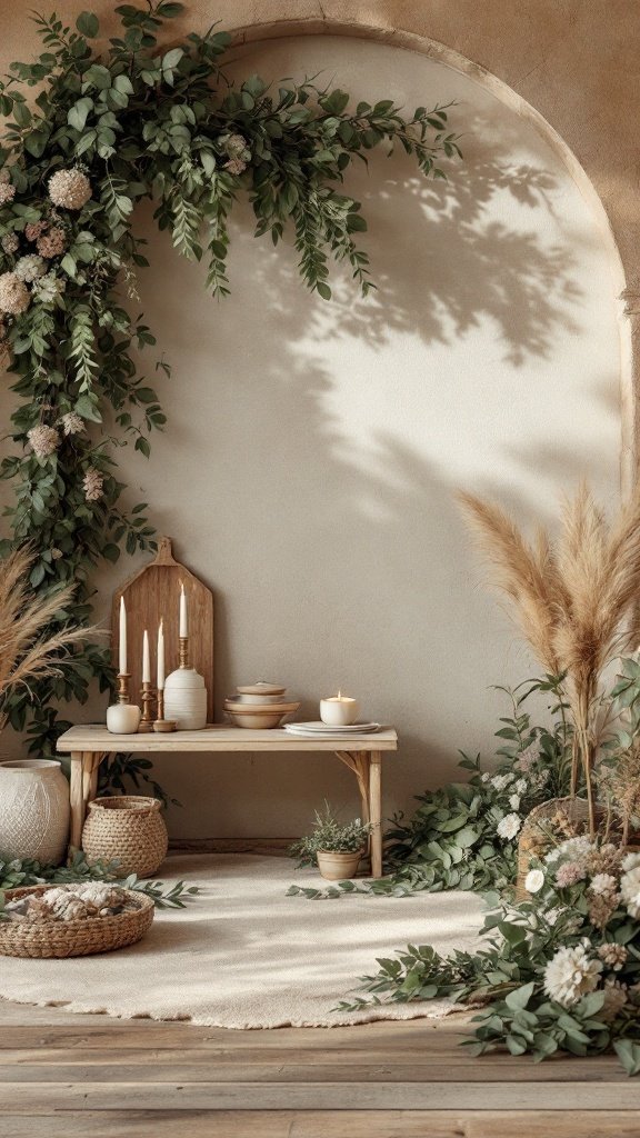 A cozy wedding setup with earthy neutrals and greenery, featuring a wooden table, candles, and floral arrangements.