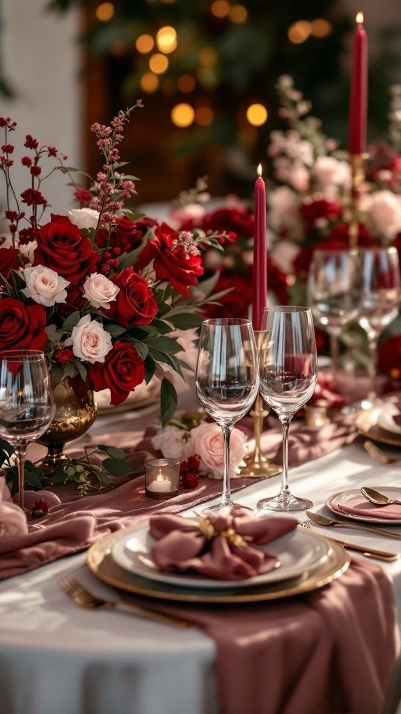 A beautifully set wedding table featuring burgundy and blush floral arrangements, candles, and elegant tableware.