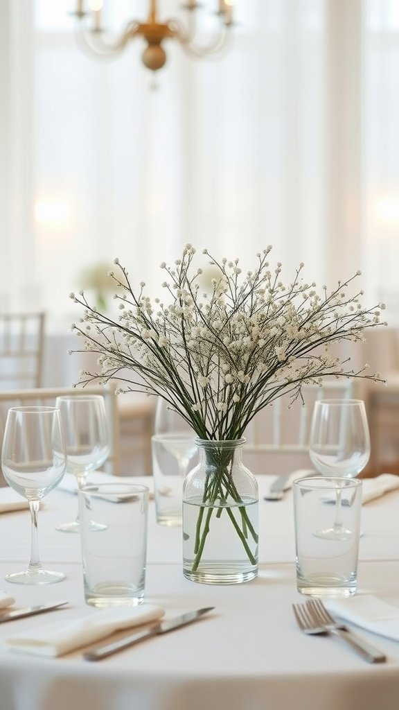 A wedding table with a clear vase of baby’s breath flowers, surrounded by elegant glassware and table settings.