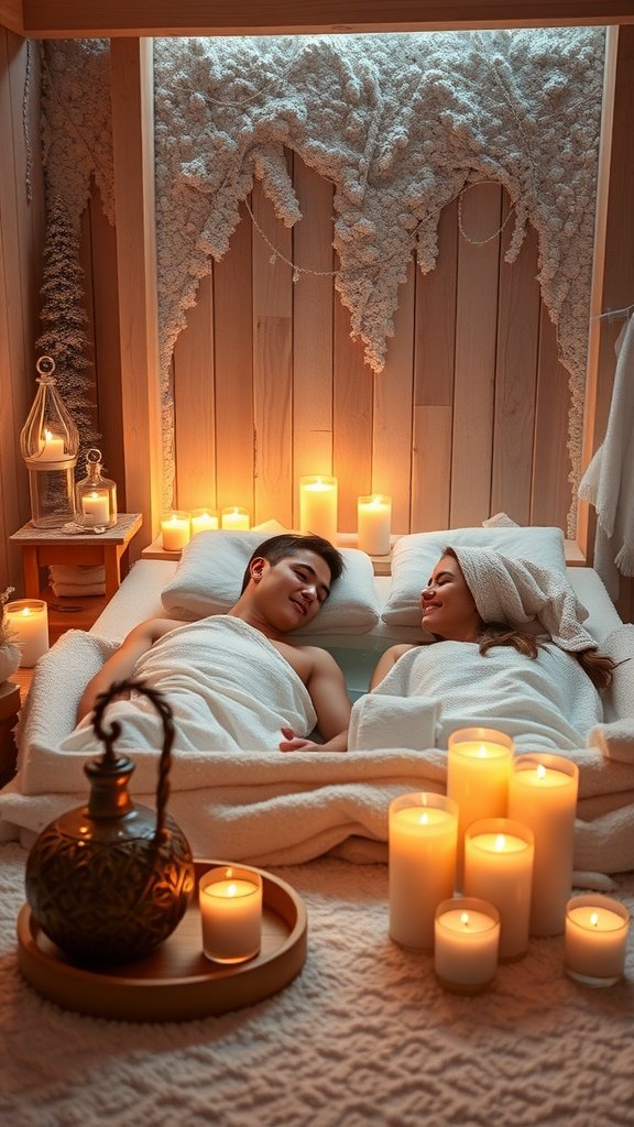 A couple enjoying a spa day with candles and a warm atmosphere