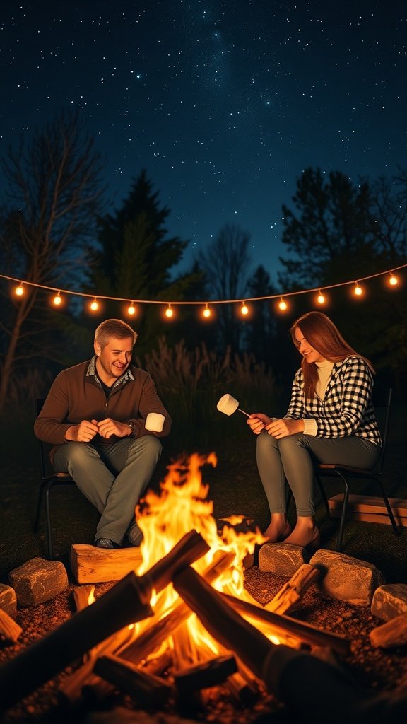 A couple enjoying a winter bonfire under a starry night, roasting marshmallows.