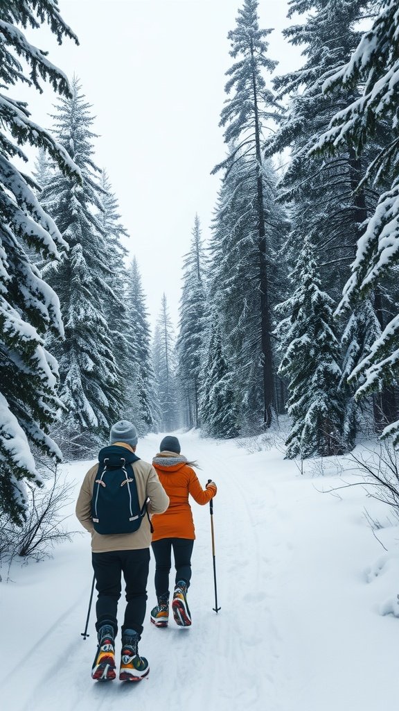 Two individuals snowshoeing on a snowy trail surrounded by tall pine trees.