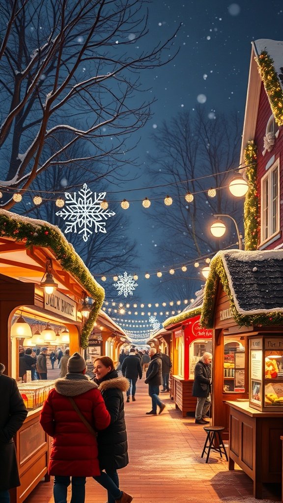 A winter festival scene with festive stalls, lights, and people enjoying the atmosphere. Winter Date Ideas