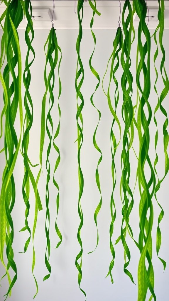 Green faux seaweed streamers hanging from the ceiling