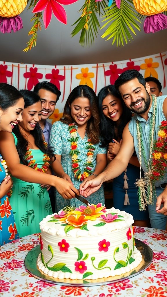 A group of friends joyfully cutting a decorated luau cake during a festive celebration.