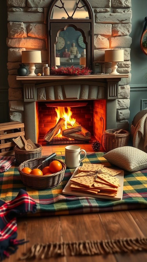 Cozy fireplace picnic setup with snacks and drinks. Winter Date Ideas