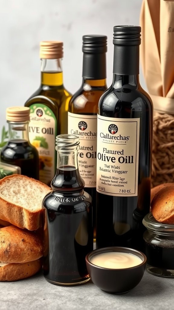 An assortment of flavored olive oils and balsamic vinegars displayed with bread.