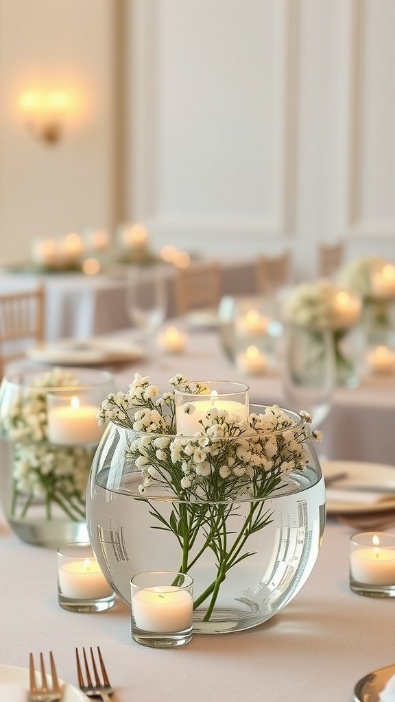 Centerpieces with floating baby’s breath in water and candles on wedding tables.