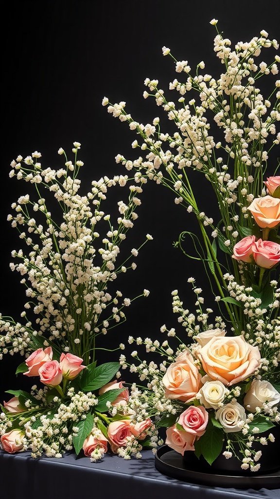 A stunning display of bouquets featuring roses and baby's breath arranged beautifully.