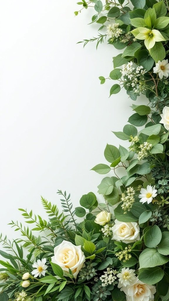 An arrangement of fresh green leaves and white flowers, featuring roses and small daisies, creating a serene and lively spring wedding vibe.