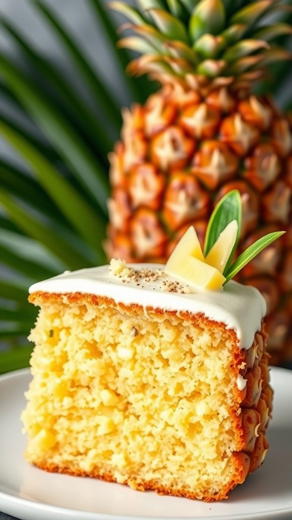A slice of luau cake with fresh pineapple filling, topped with cream cheese frosting.