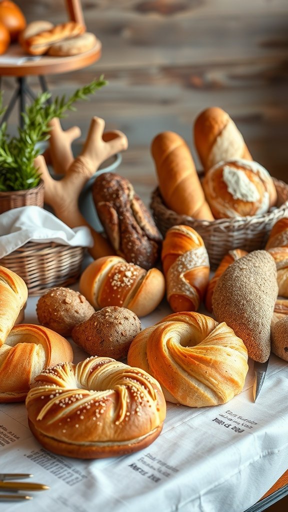 A variety of freshly baked pastries and bread displayed on a table.