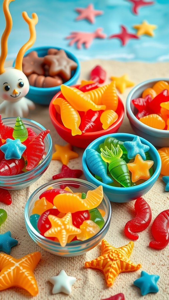 Colorful fruity sea creature gummies in various shapes and sizes