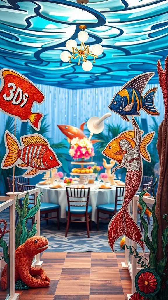 Colorful fish and mermaid cutouts enhancing a mermaid-themed party decor.