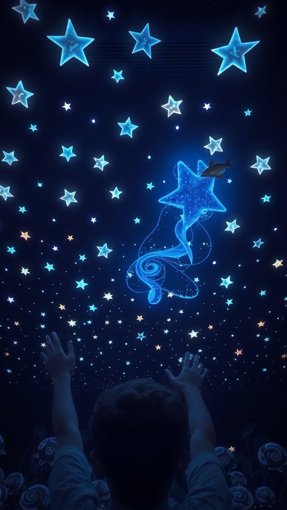 A child reaching towards a ceiling filled with glowing stars, creating a magical atmosphere