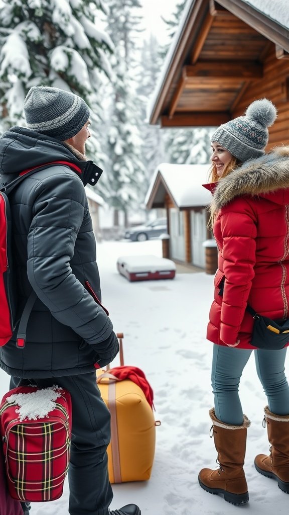 A couple in winter outfits standing outside a cabin with snow around.