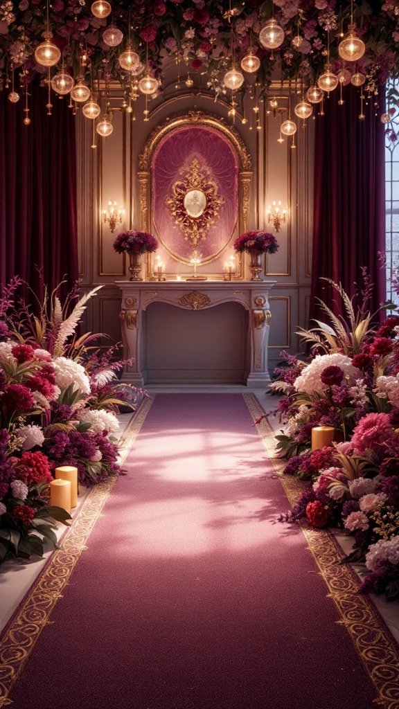Elegant wedding setup featuring plum and gold colors with floral arrangements and soft lighting.