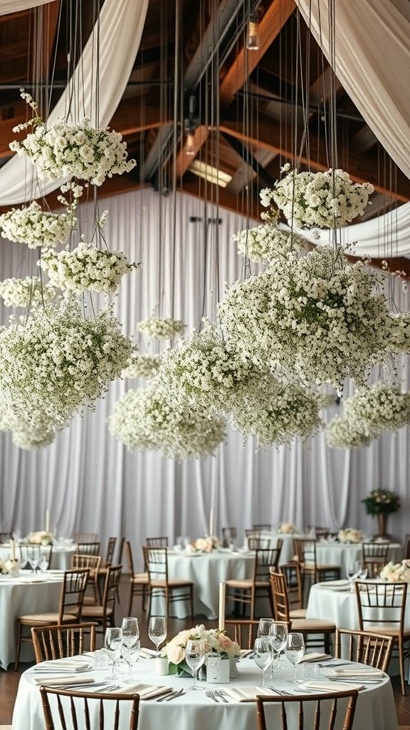 Hanging baby’s breath installations in a wedding venue with tables set below.