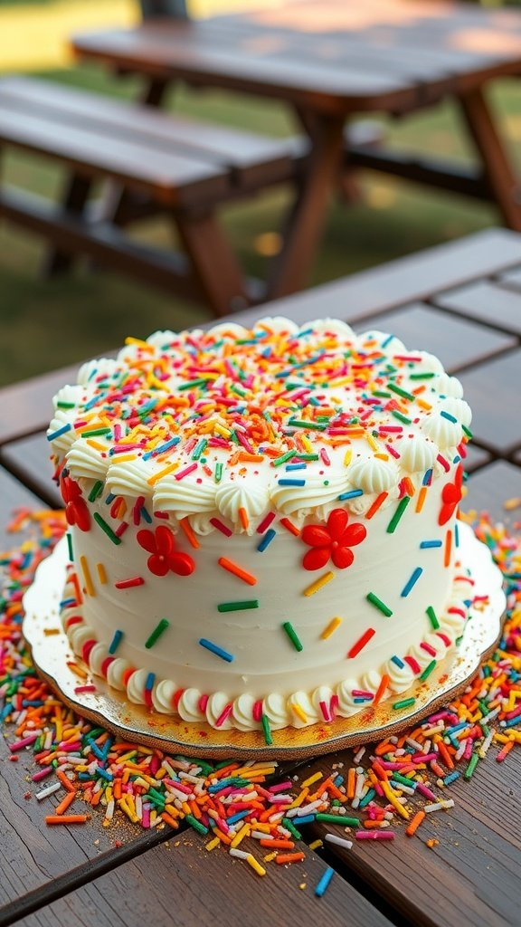 A colorful and festive cake topped with sprinkles, perfect for a luau celebration.