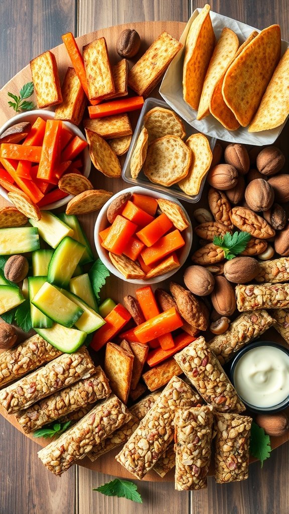 A colorful grazing table featuring healthy snacks including carrot sticks, sweet potato chips, cucumber slices, nut bars, and a yogurt dip.