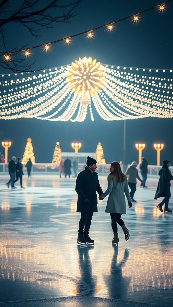 Couple ice skating under sparkling lights during winter. Winter Date Ideas