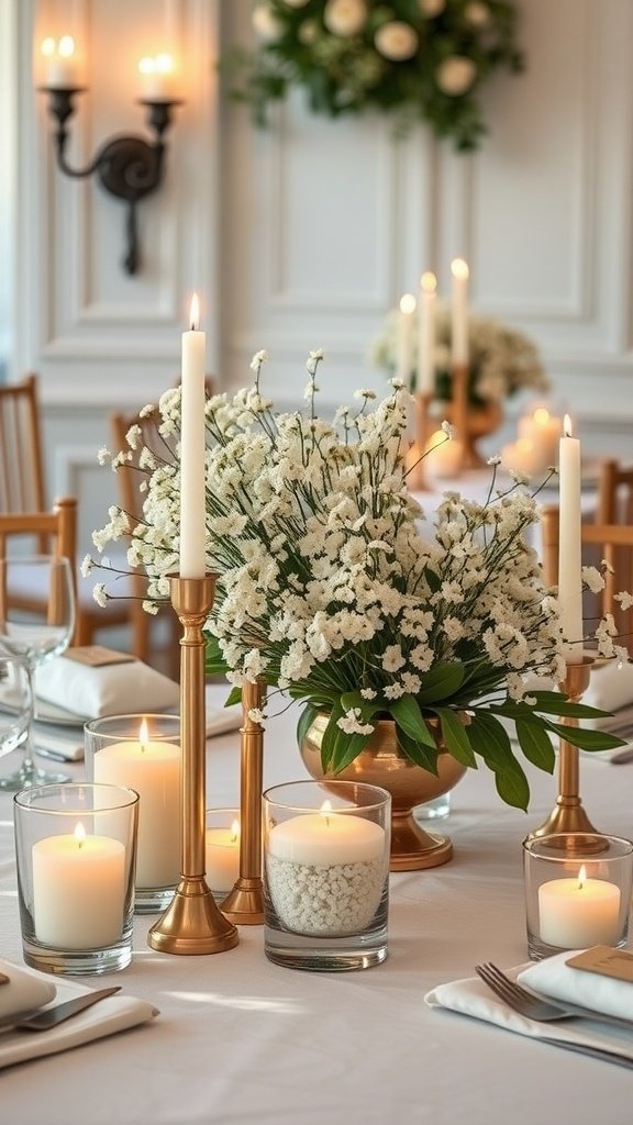 A beautifully arranged centerpiece featuring a baby's breath bouquet with candles.