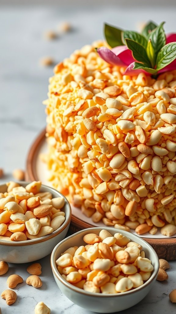 A beautifully decorated luau cake with macadamia nuts