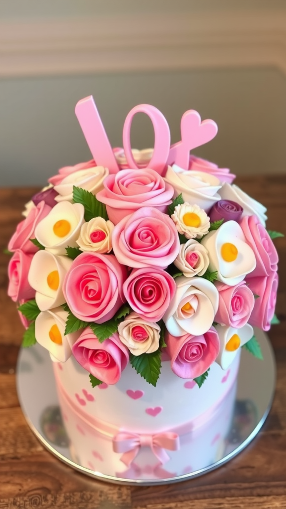 A colorful and creative cake bouquet arrangement showcasing various cake pops designed to look like flowers.