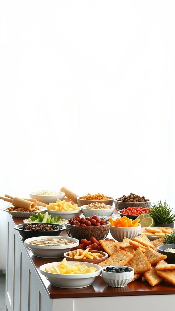 A grazing table filled with fruits, snacks, and dips, set up for an interactive food station.