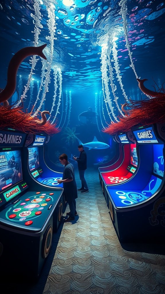 Underwater arcade with colorful machines and decorations
