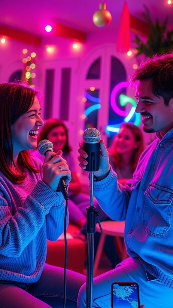 A lively karaoke night at home with two friends sharing a microphone and others cheering.