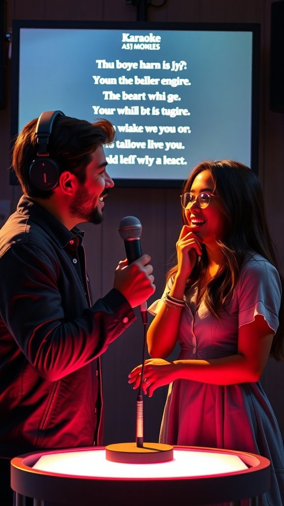Couple having fun during a karaoke night in their living room