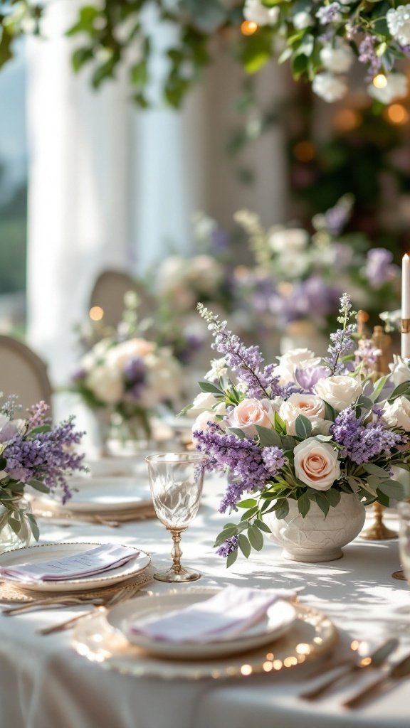 A beautifully set wedding table with lavender and sage floral arrangements, elegant glassware, and soft linens.